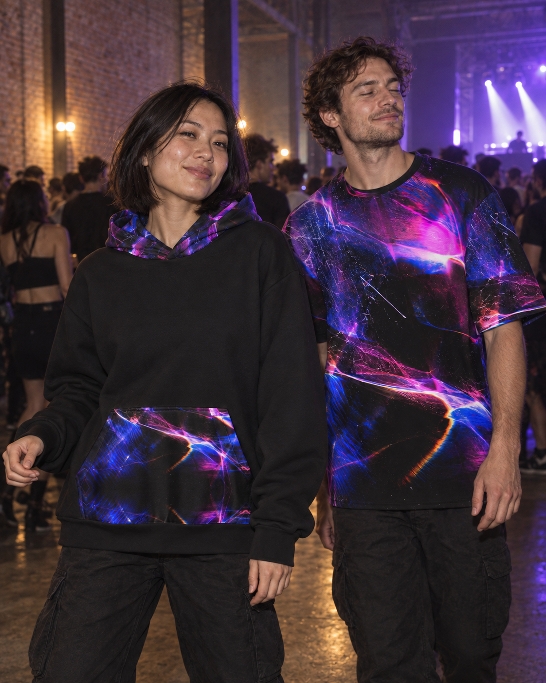 Afterimage Terrain Hoodie, oversized hoodie worn at a night event (AI lifestyle visualization)