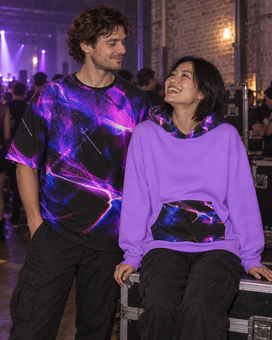 Afterimage Ultraviolet Terrain, oversized tee worn at a night event (AI lifestyle visualization)