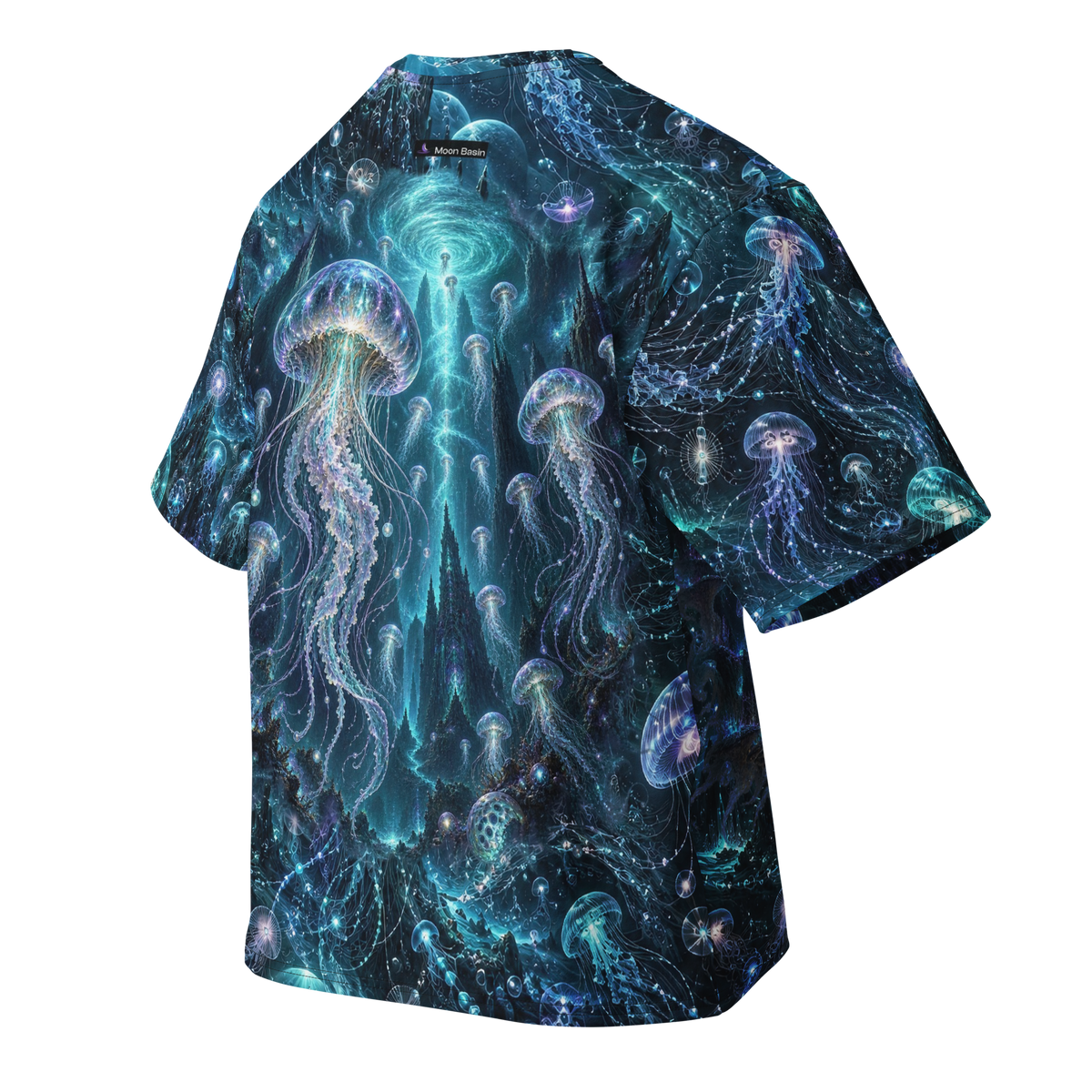 Alien Jellyfish all-over print oversized tee, back with Moon Basin nape mark