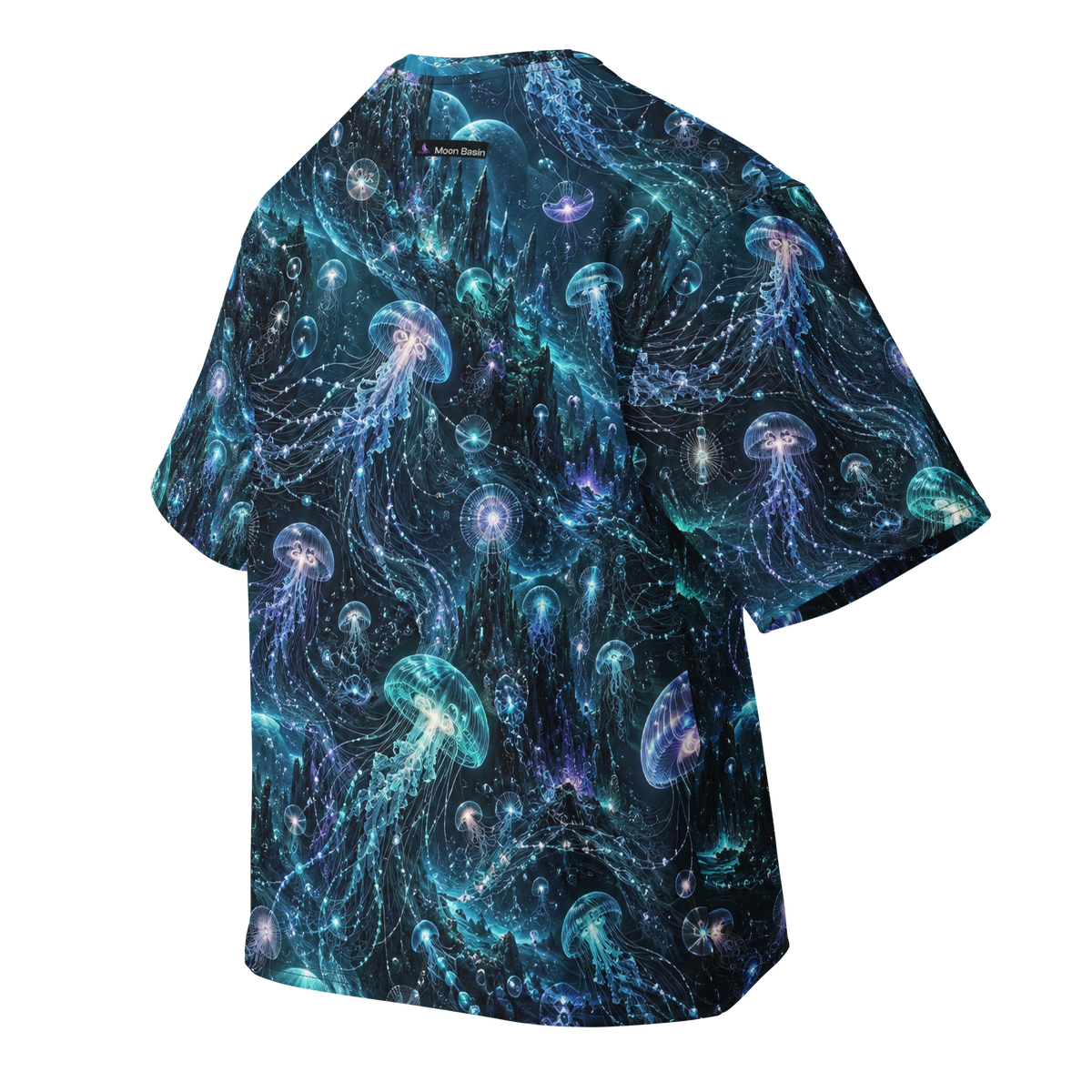 Alien Jellyfish Terrain all-over print oversized tee, back with Moon Basin nape mark