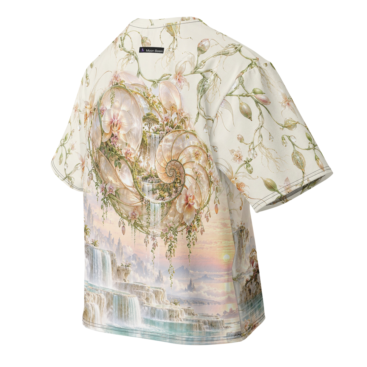 Alien Orchid Sanctuary all-over print oversized tee, back with Moon Basin nape mark
