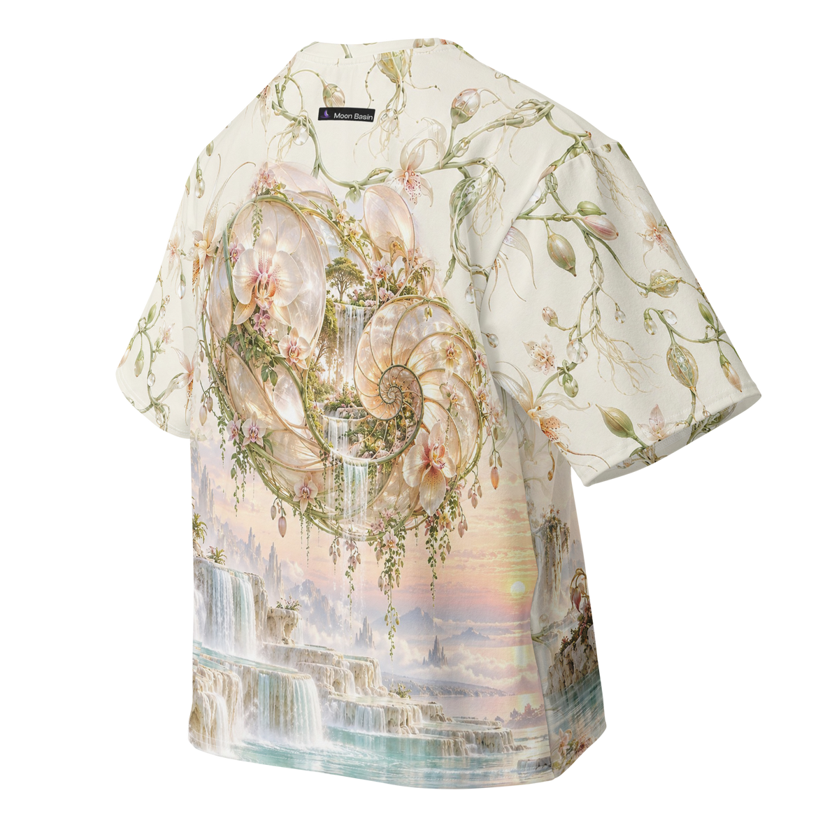 Alien Orchid Sanctuary all-over print oversized tee, back with Moon Basin nape mark
