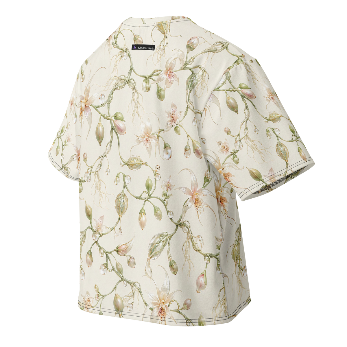 Alien Orchid Sanctuary Terrain all-over print oversized tee, back with Moon Basin nape mark