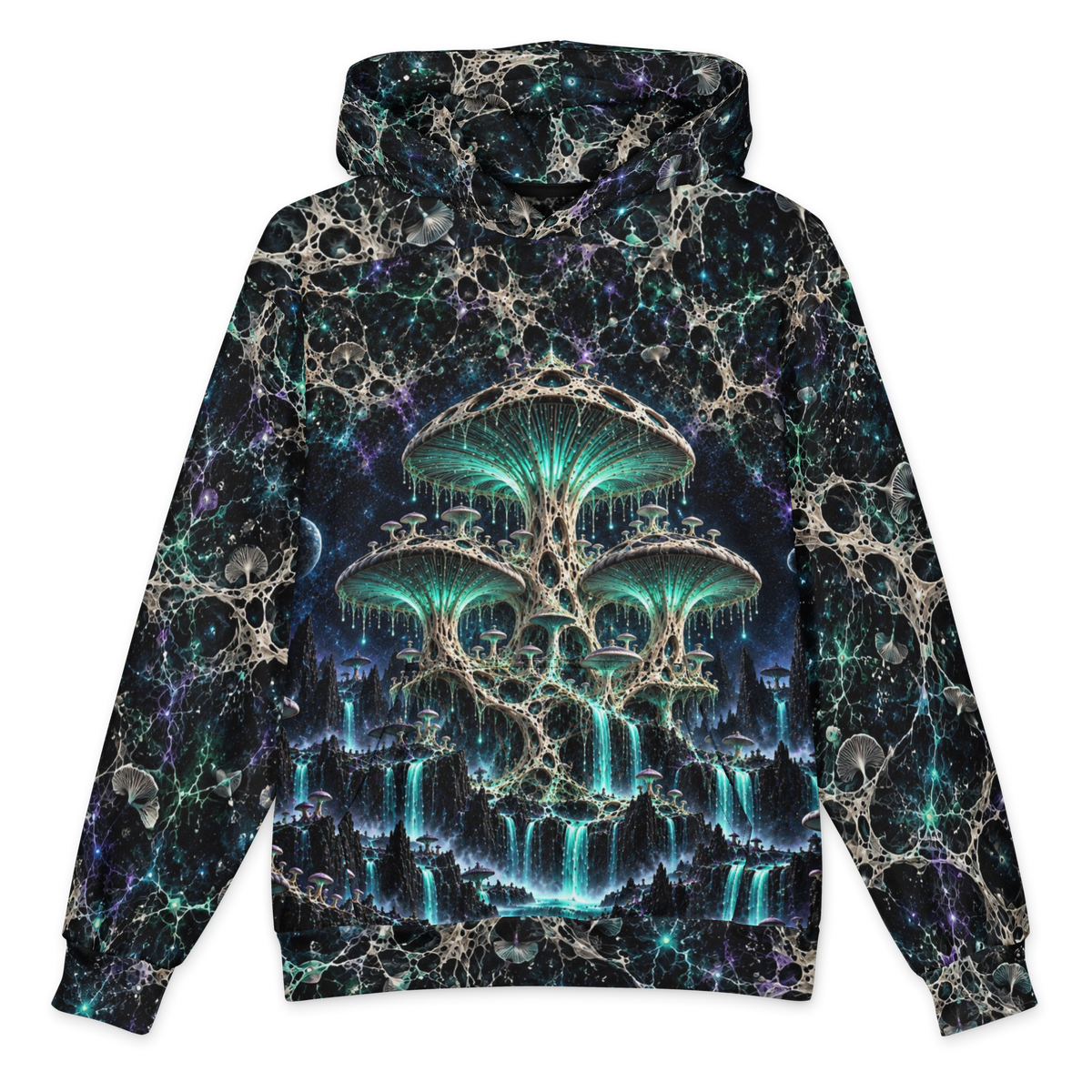 Orbital Mycelium Grove all-over print oversized hoodie, front