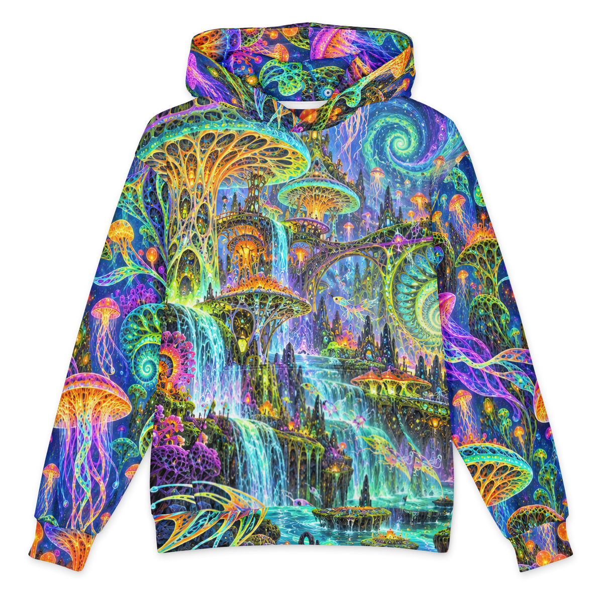 Cosmic Mycelium Rave Terrain Hoodie all-over print oversized hoodie, front