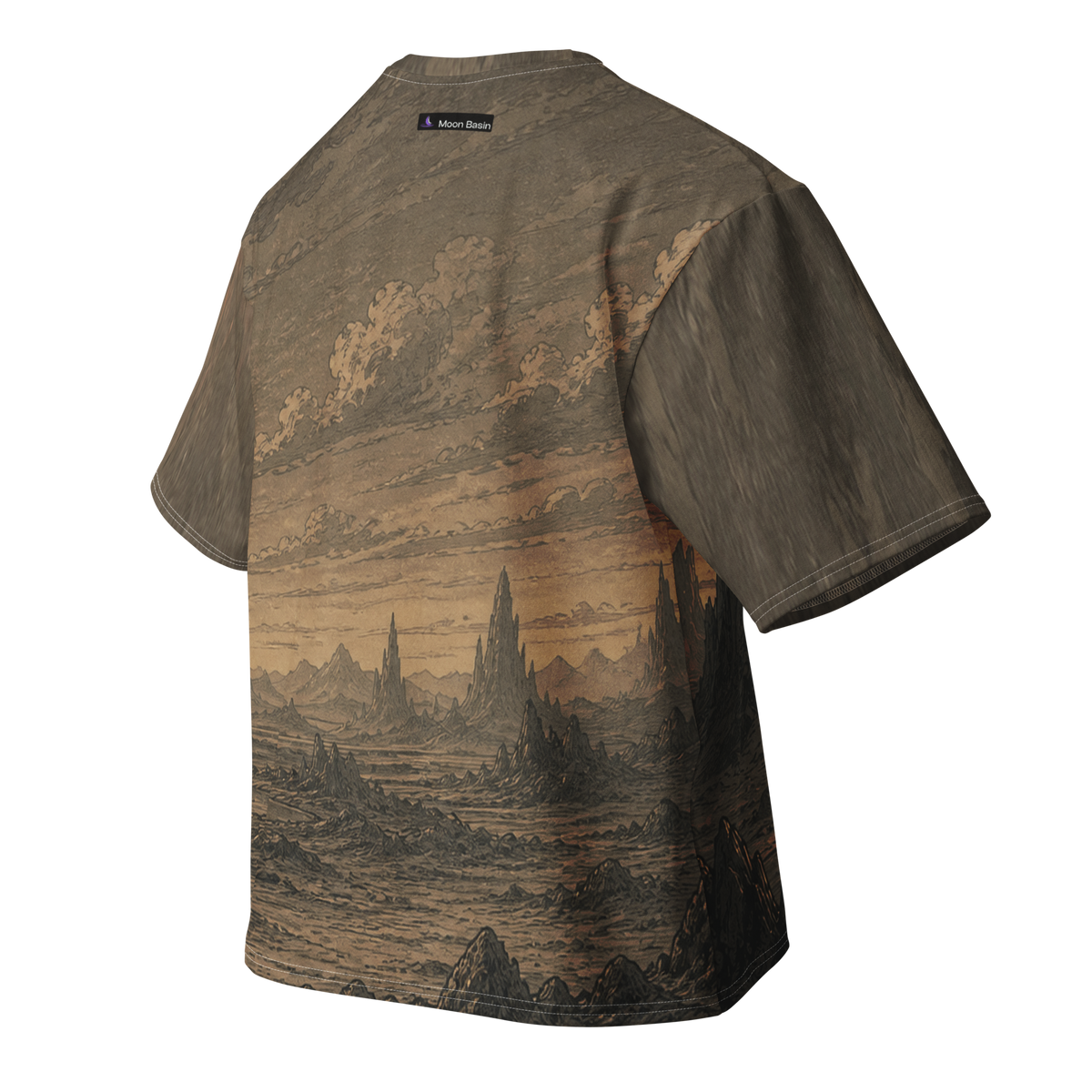 Khaki Eclipse Basin all over print oversized tee, back view, Moon Basin mark at the nape
