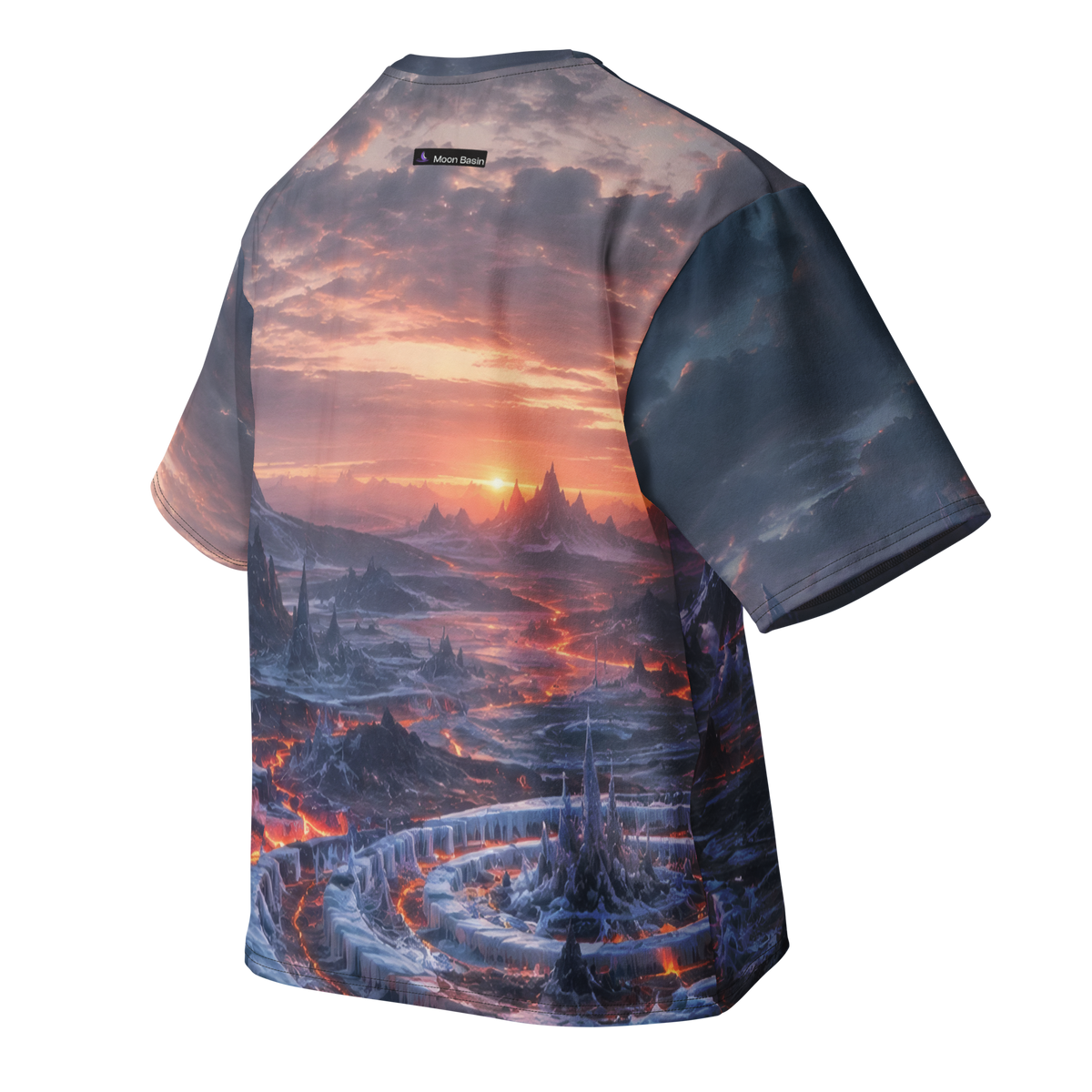 Frostfire Caldera all over print oversized tee, back view, Moon Basin mark at the nape