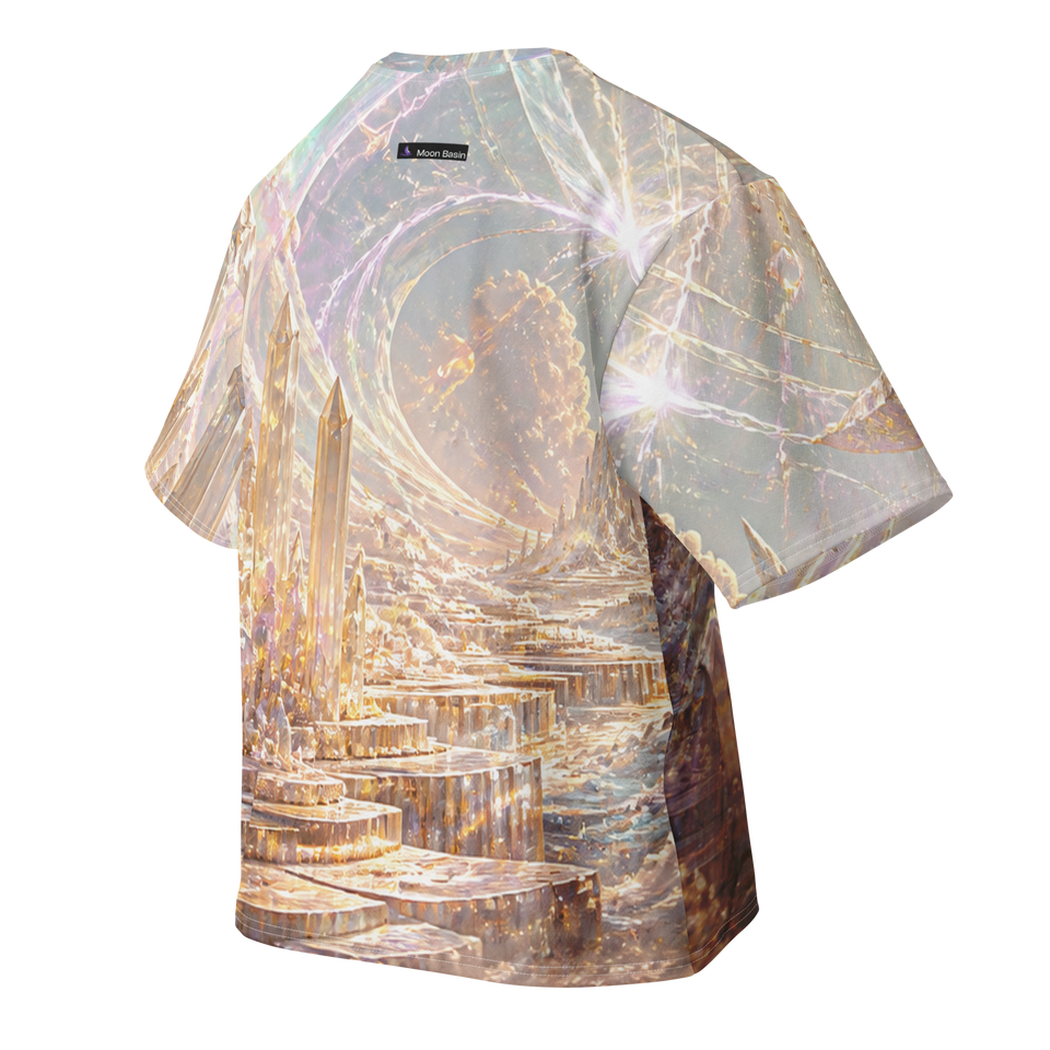 Opal Sun Eruption all over print oversized tee, back view, Moon Basin mark at the nape