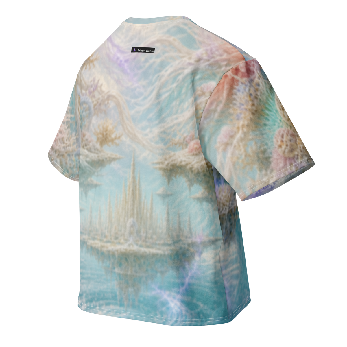 Ivory Lightning Reef all over print oversized tee, back view, Moon Basin mark at the nape