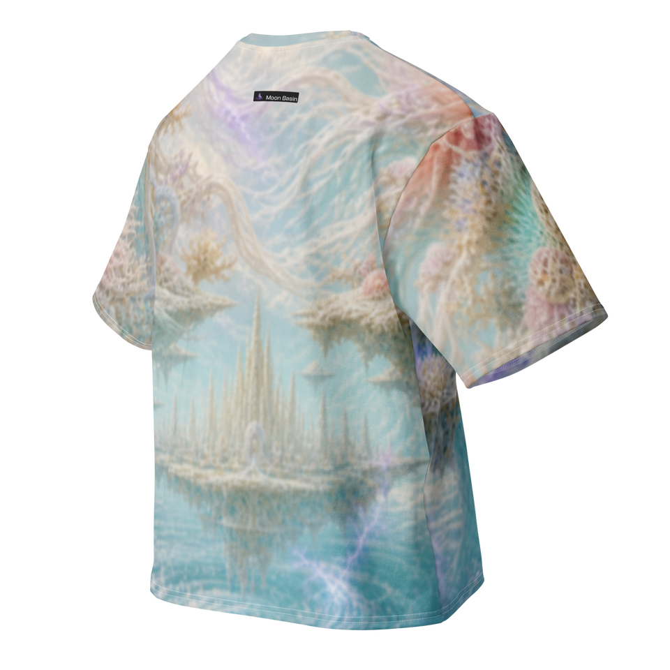 Ivory Lightning Reef all over print oversized tee, back view, Moon Basin mark at the nape