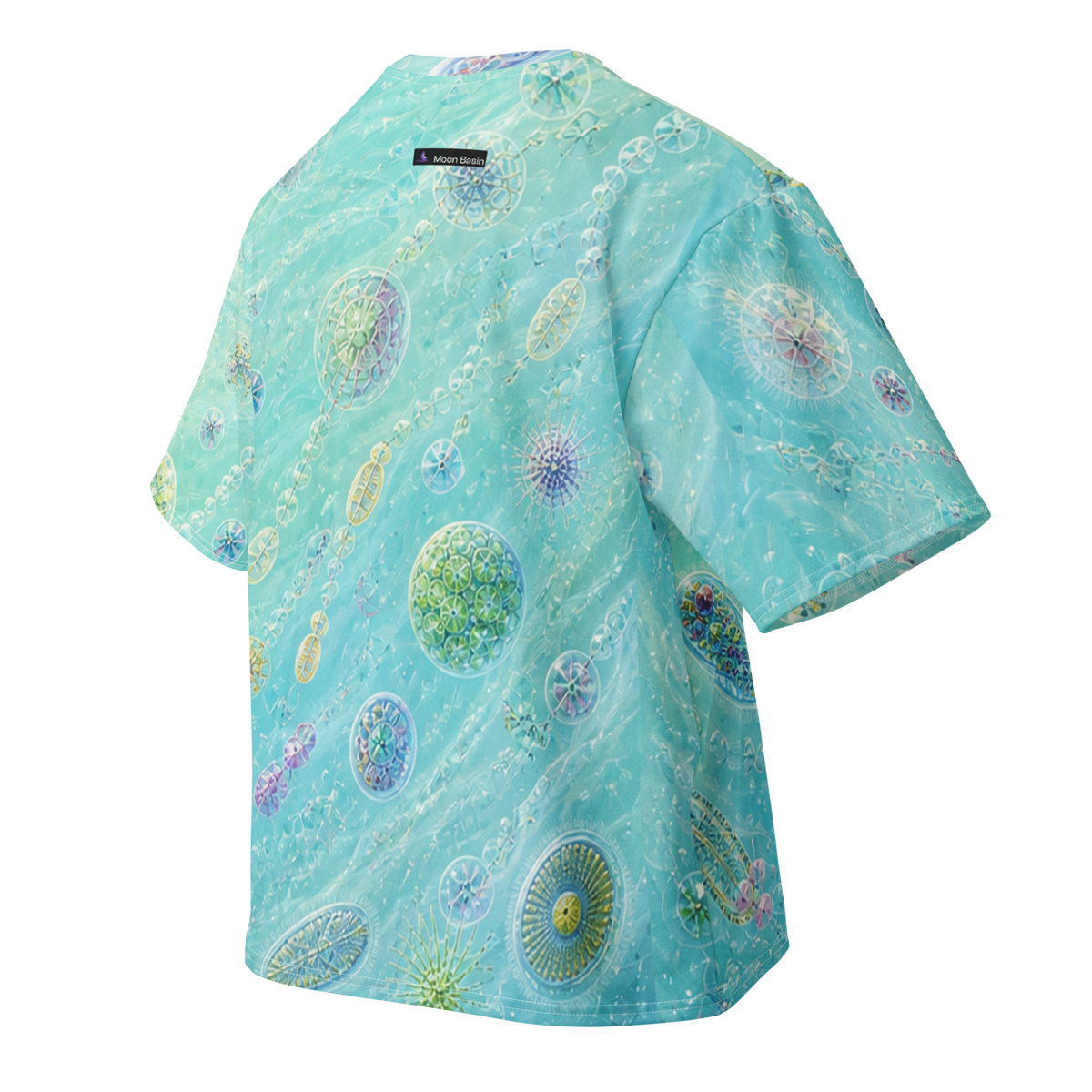 Protozoa Drift Lagoon all-over print oversized cotton T-shirt, back ghost view with Moon Basin mark at the nape
