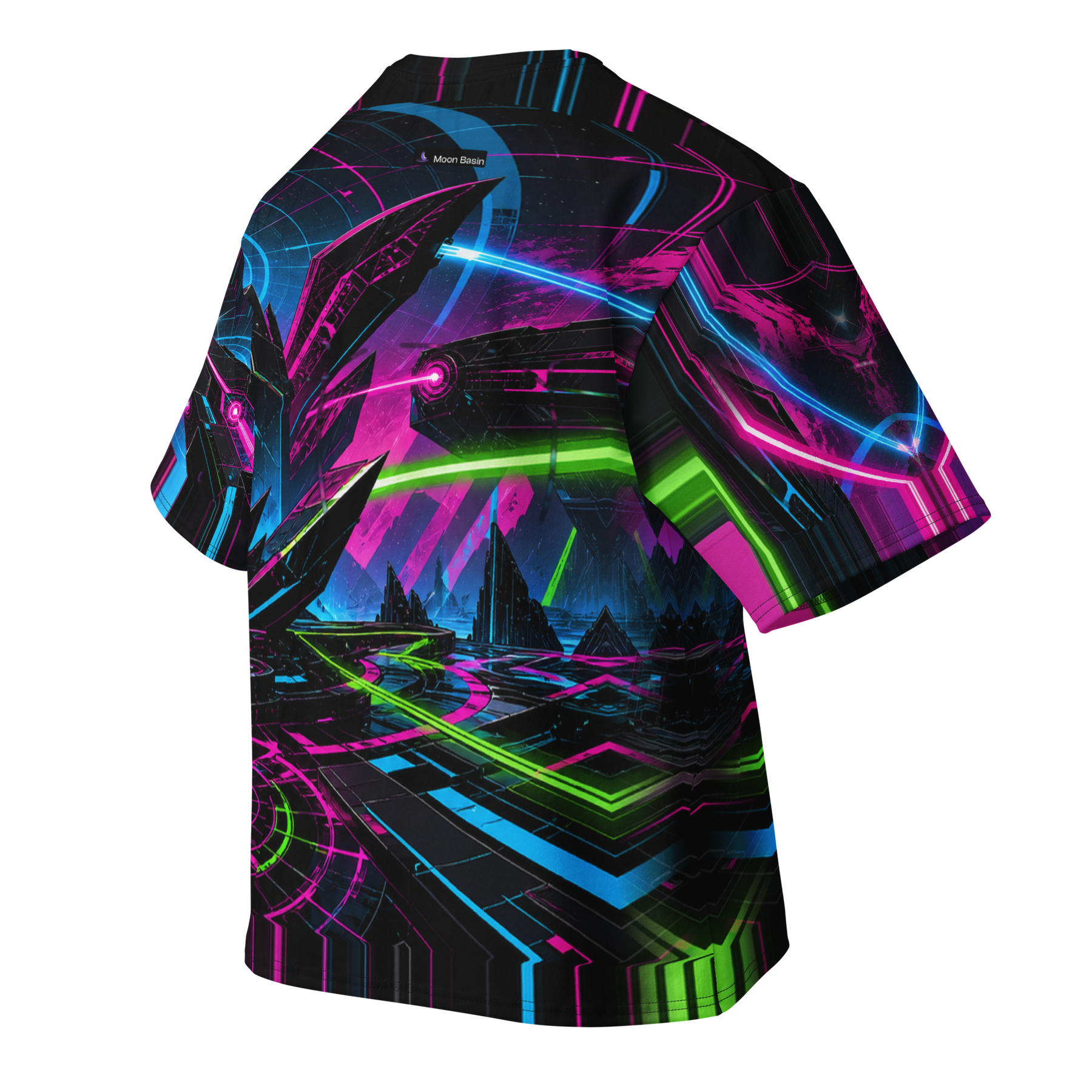 Laser Orchid Monolith all-over print oversized cotton T-shirt, back ghost view with Moon Basin mark at the nape