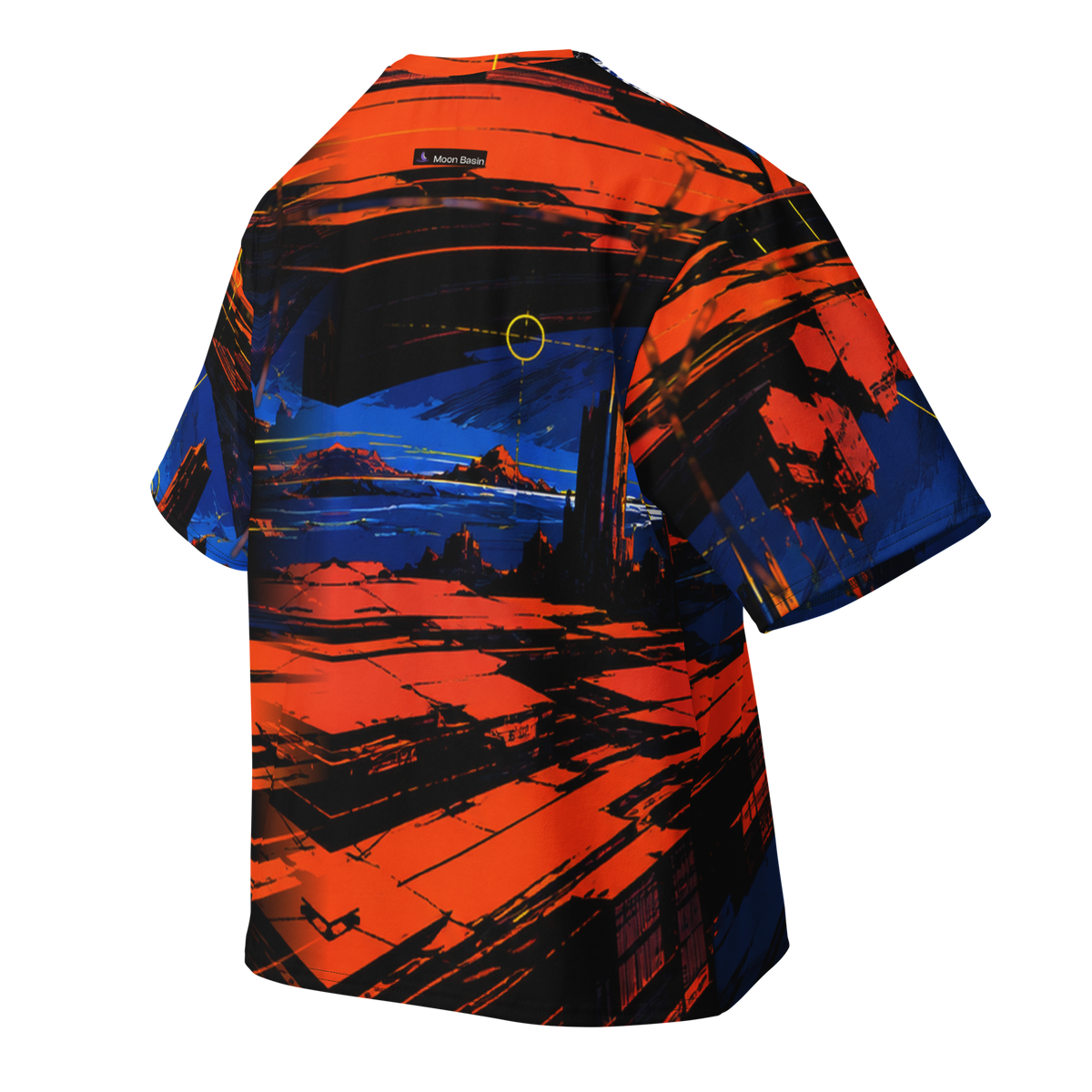 Solar Negative Rift all-over print oversized cotton T-shirt, back ghost view with Moon Basin mark at the nape