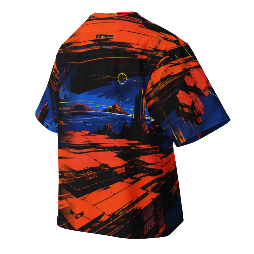Solar Negative Rift all-over print oversized cotton T-shirt, back ghost view with Moon Basin mark at the nape