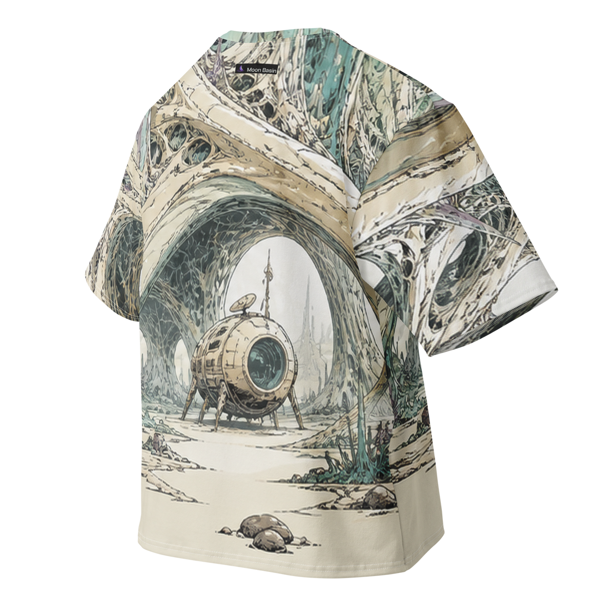 Glassroot Forest all over print oversized tee, back ghost view, approved Moon Basin purple crescent wordmark with black underlay at the nape