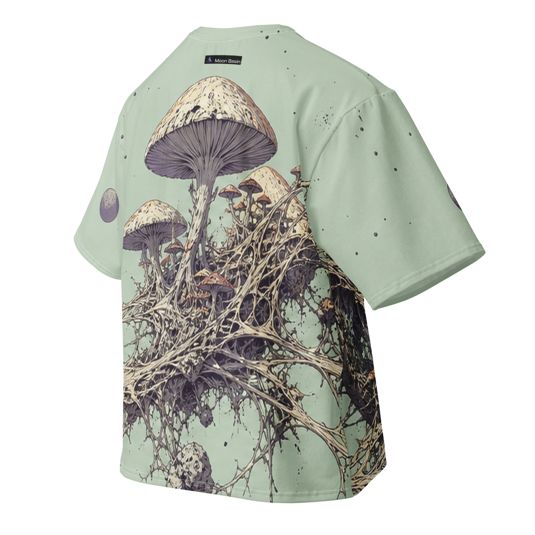 Orbital Mycelium all over print oversized tee, back ghost view, approved Moon Basin purple crescent wordmark with black underlay at the nape