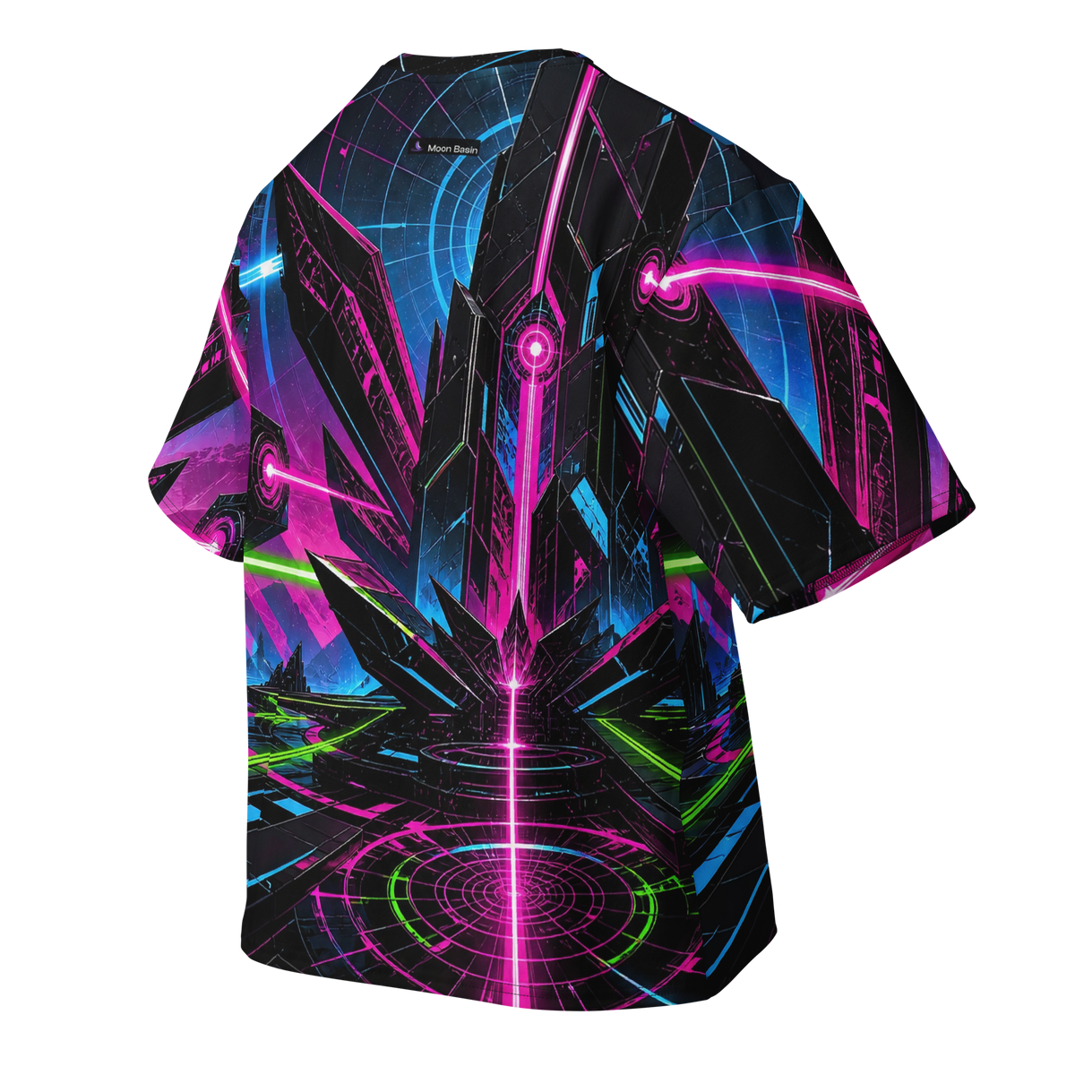 Laser Orchid Monolith all-over print oversized cotton T-shirt, back ghost view with Moon Basin mark at the nape