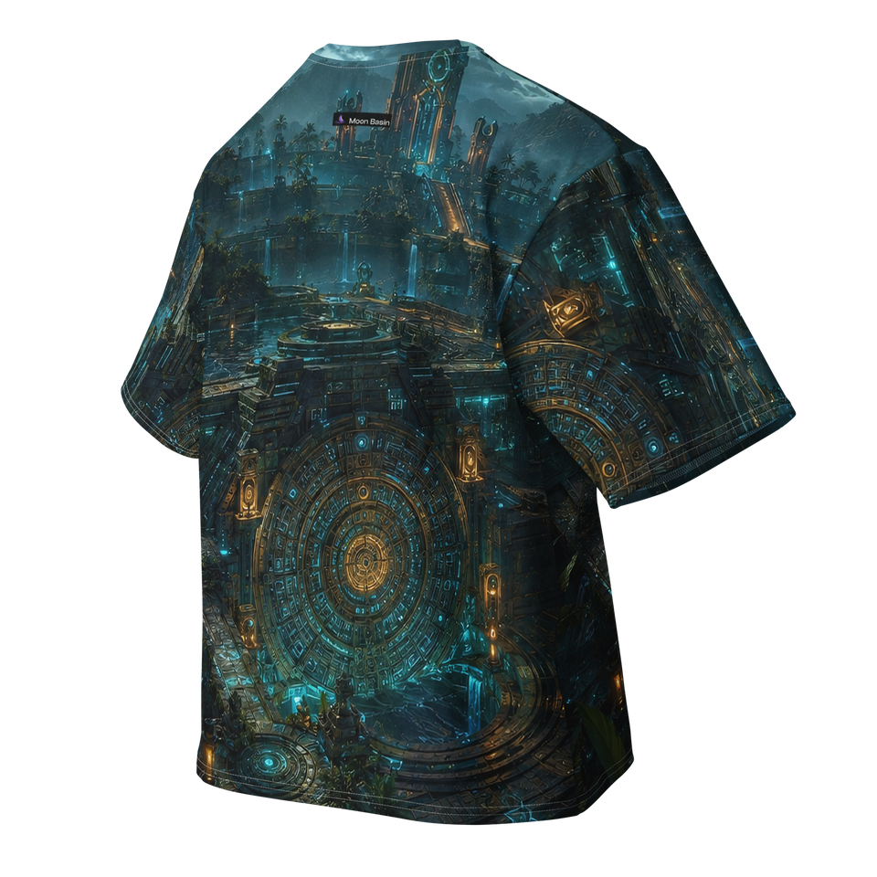 Calendar Terrace Expanse all-over print oversized cotton T-shirt, back ghost view with Moon Basin mark at the nape