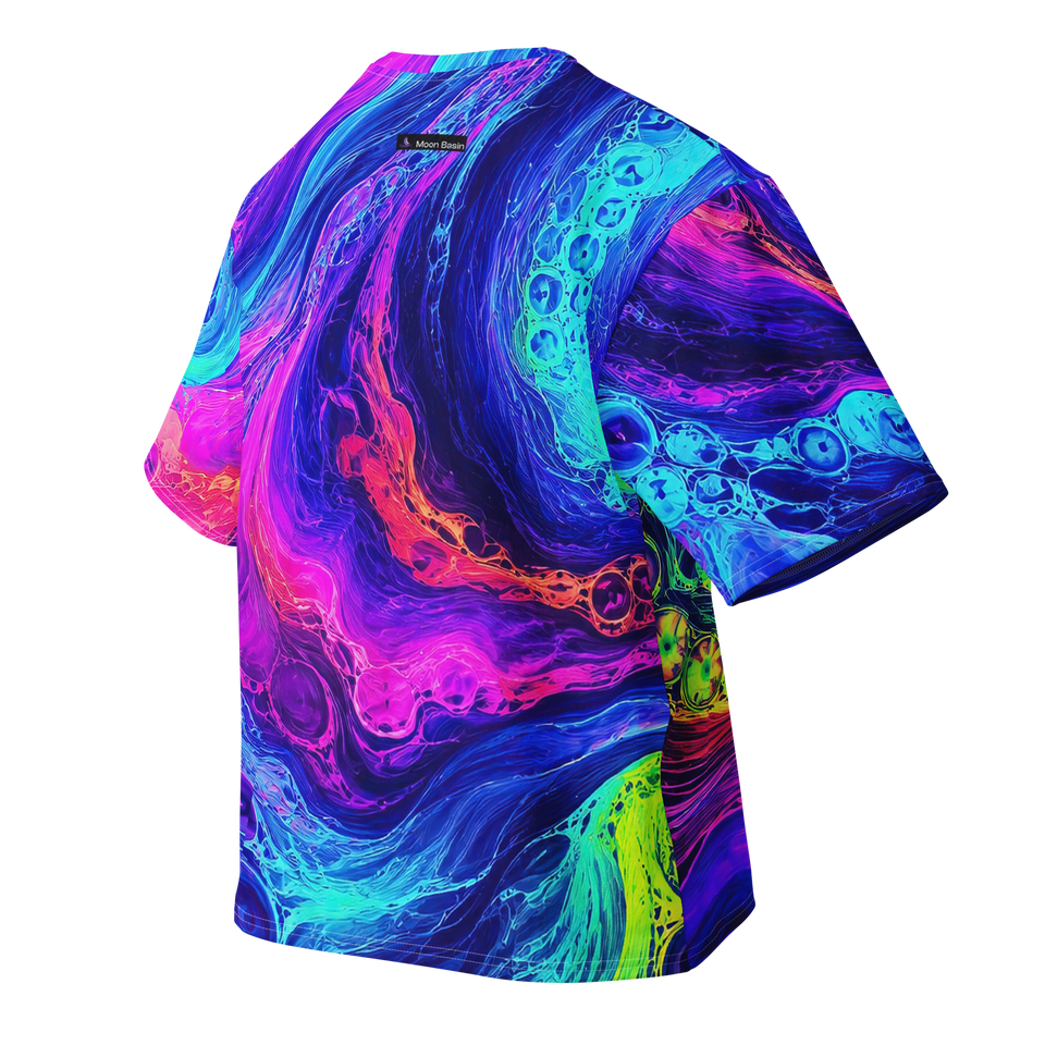 Xenobloom Chroma Vortex all-over print oversized cotton T-shirt, back ghost view with Moon Basin mark at the nape