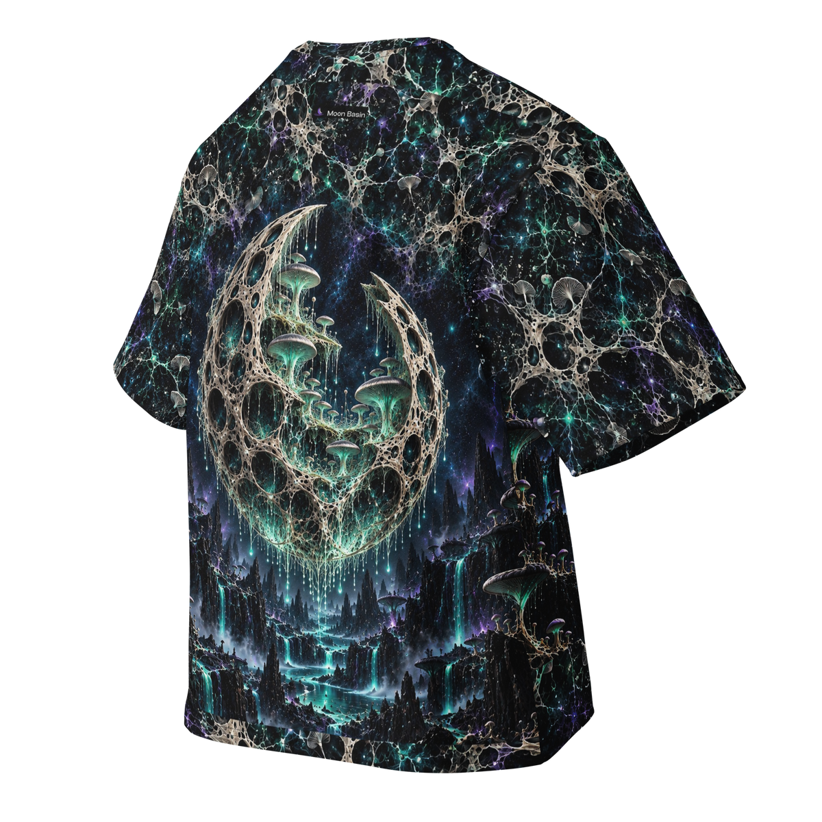 Orbital Mycelium Grove all over print oversized tee, back ghost view with Moon Basin mark at the nape