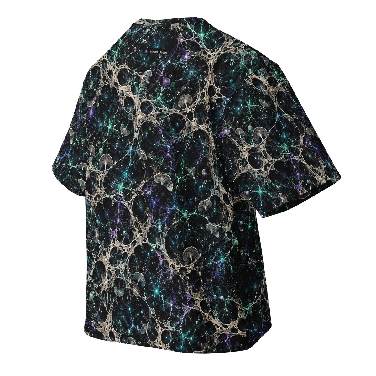 Orbital Mycelium Terrain all over print oversized tee, back ghost view with Moon Basin mark at the nape