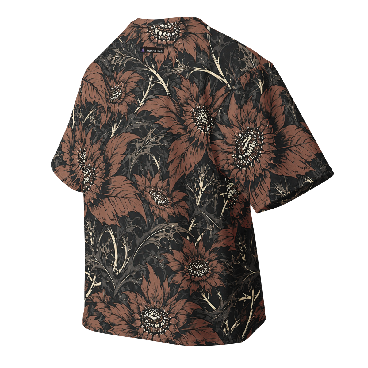 Magnetar Garden Terrain all-over print oversized tee, back with Moon Basin nape mark