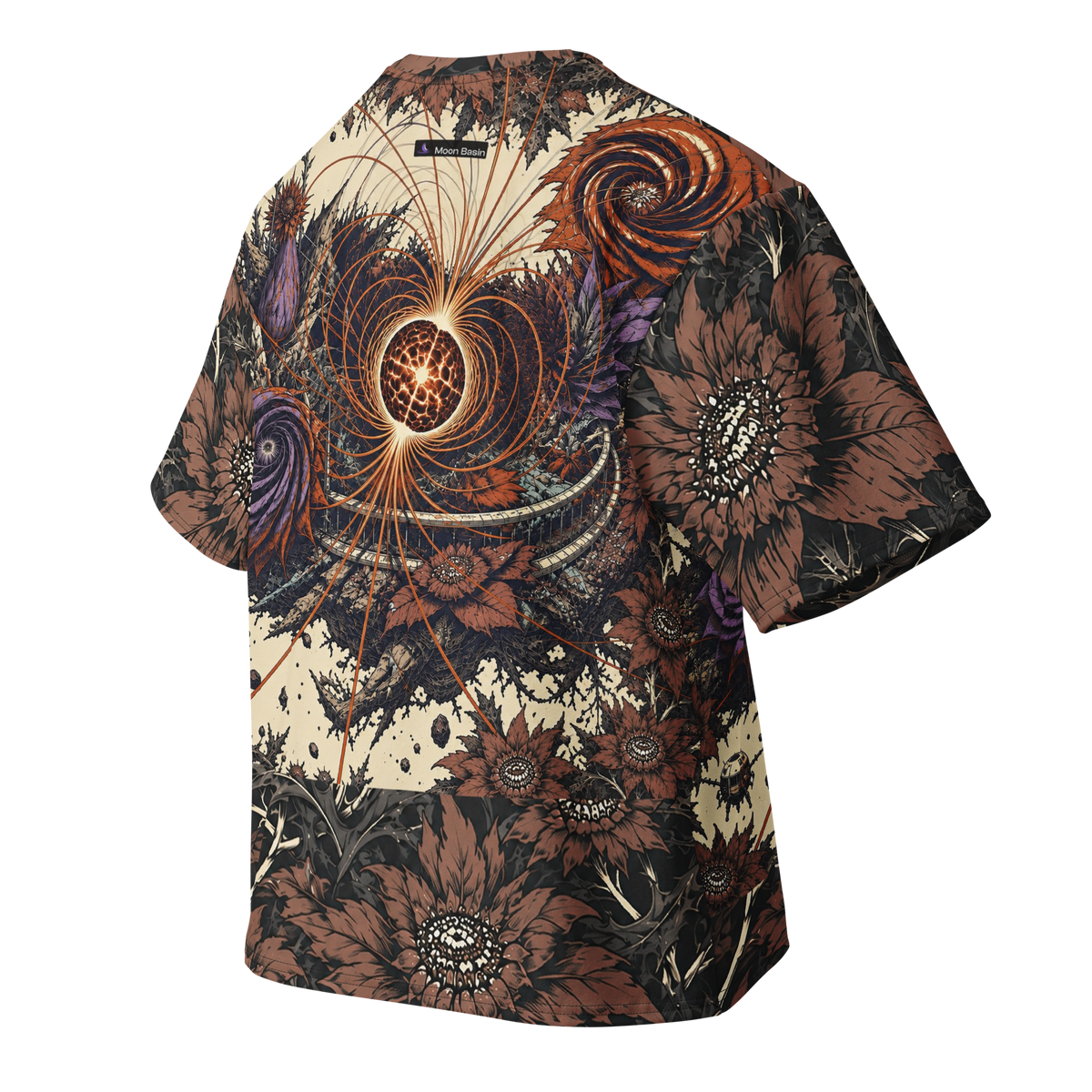 Magnetar Garden Remake all-over print oversized tee, back with Moon Basin nape mark