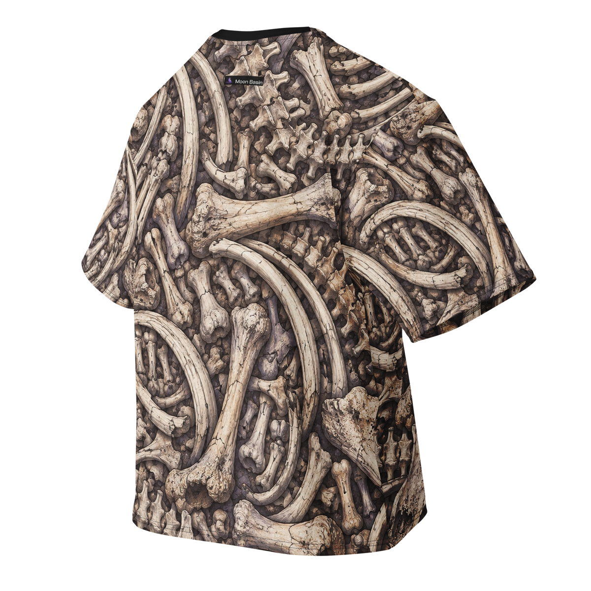 Fossil Signal Terrain all-over print oversized tee, back with Moon Basin nape mark