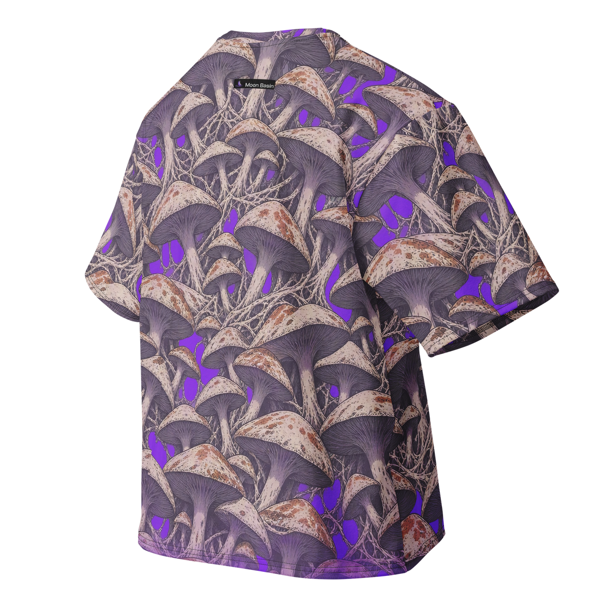 Orbital Mycelium Terrain all-over print oversized tee, back with Moon Basin nape mark