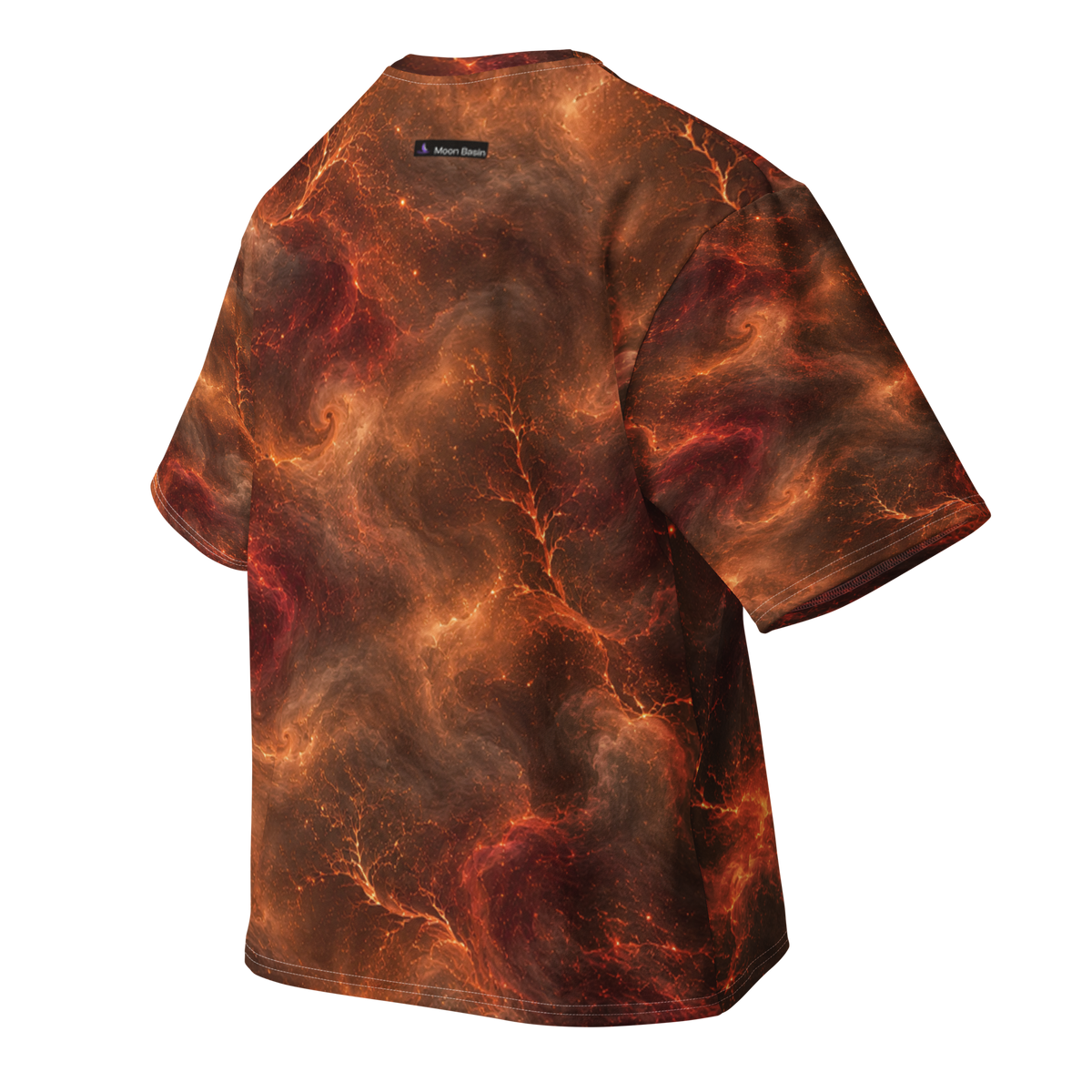 Fire Witch Terrain all-over print oversized tee, back with Moon Basin nape mark