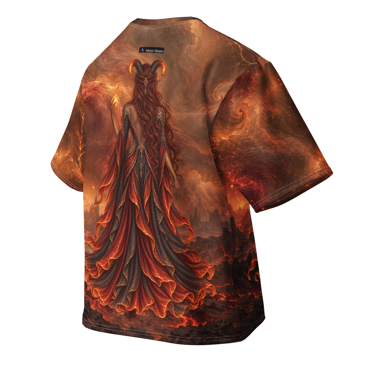 Fire Witch all-over print oversized tee, back with Moon Basin nape mark