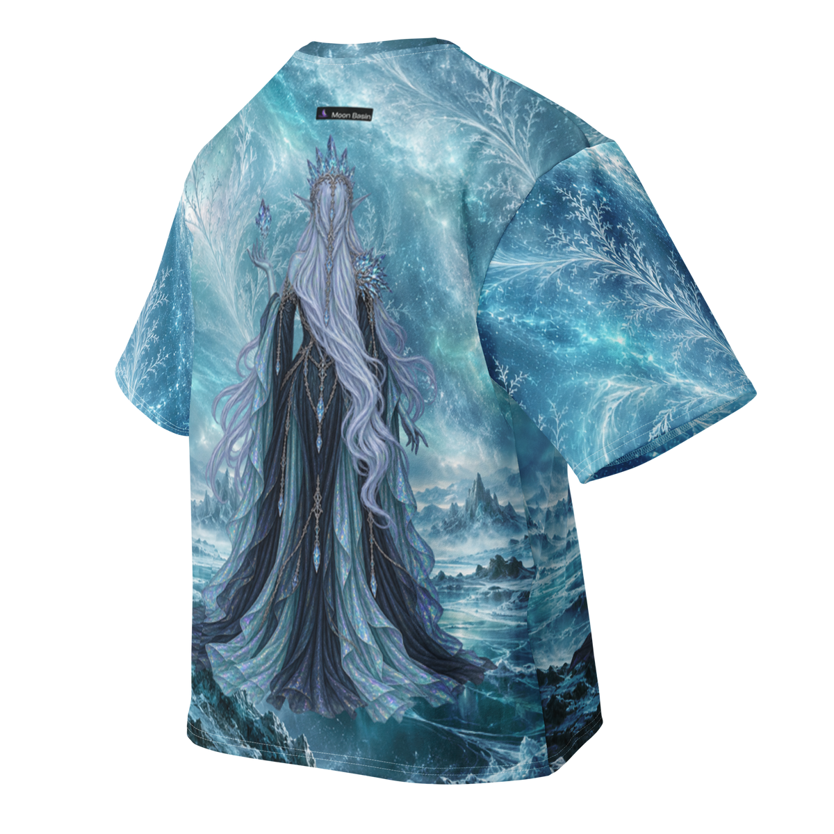 Ice Witch all-over print oversized tee, back with Moon Basin nape mark