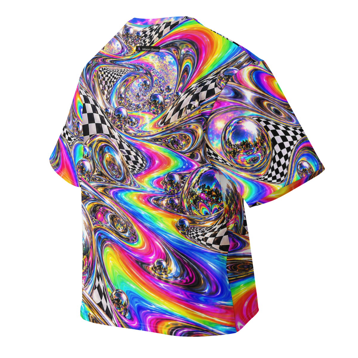 Chromatic Meltdown Terrain all-over print oversized tee, back with Moon Basin nape mark