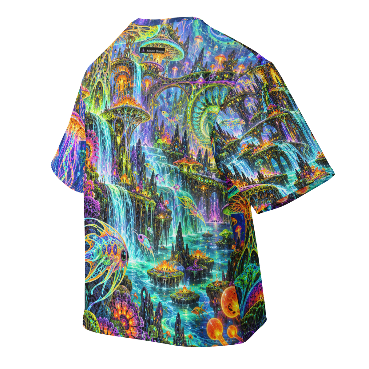 Cosmic Mycelium Rave Terrain all-over print oversized tee, back with Moon Basin nape mark