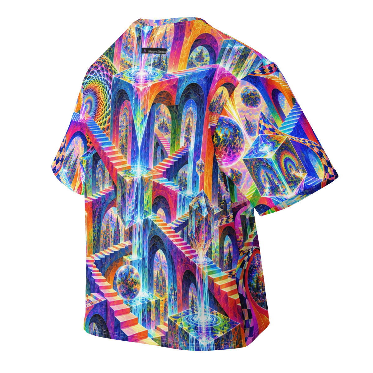 Paradox Prism Terrain all-over print oversized tee, back with Moon Basin nape mark