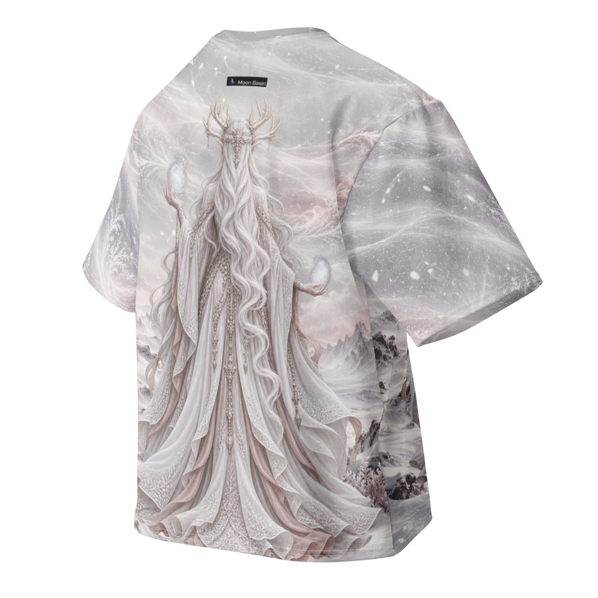 Snow Witch all-over print oversized tee, back with Moon Basin nape mark