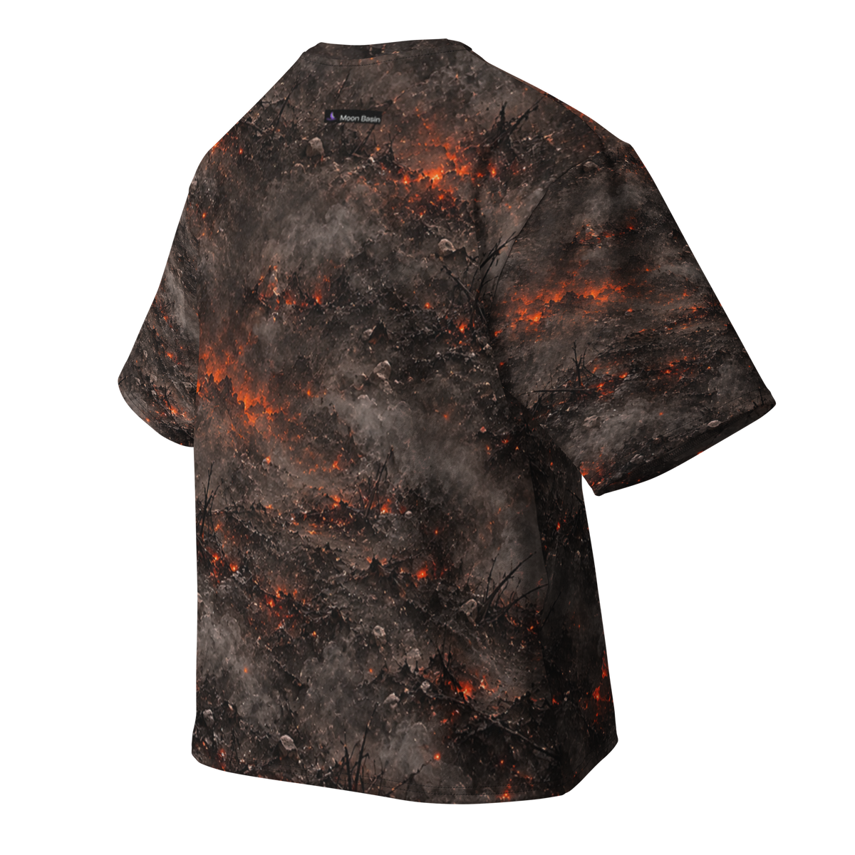 Ashen Reaper Terrain all-over print oversized tee, back with Moon Basin nape mark