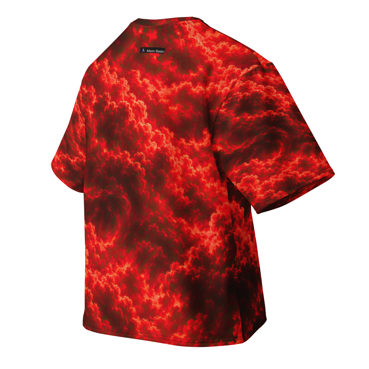 Bloodmoon Tyrant Terrain all-over print oversized tee, back with Moon Basin nape mark