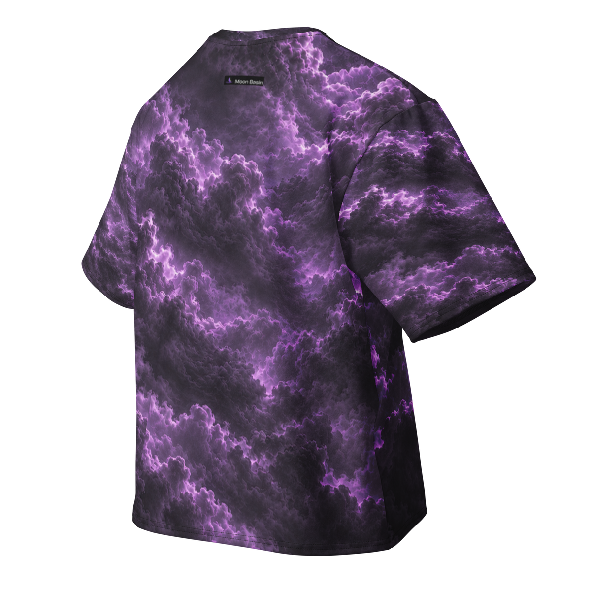 Crimson Marrow Tyrant Terrain all-over print oversized tee, back with Moon Basin nape mark