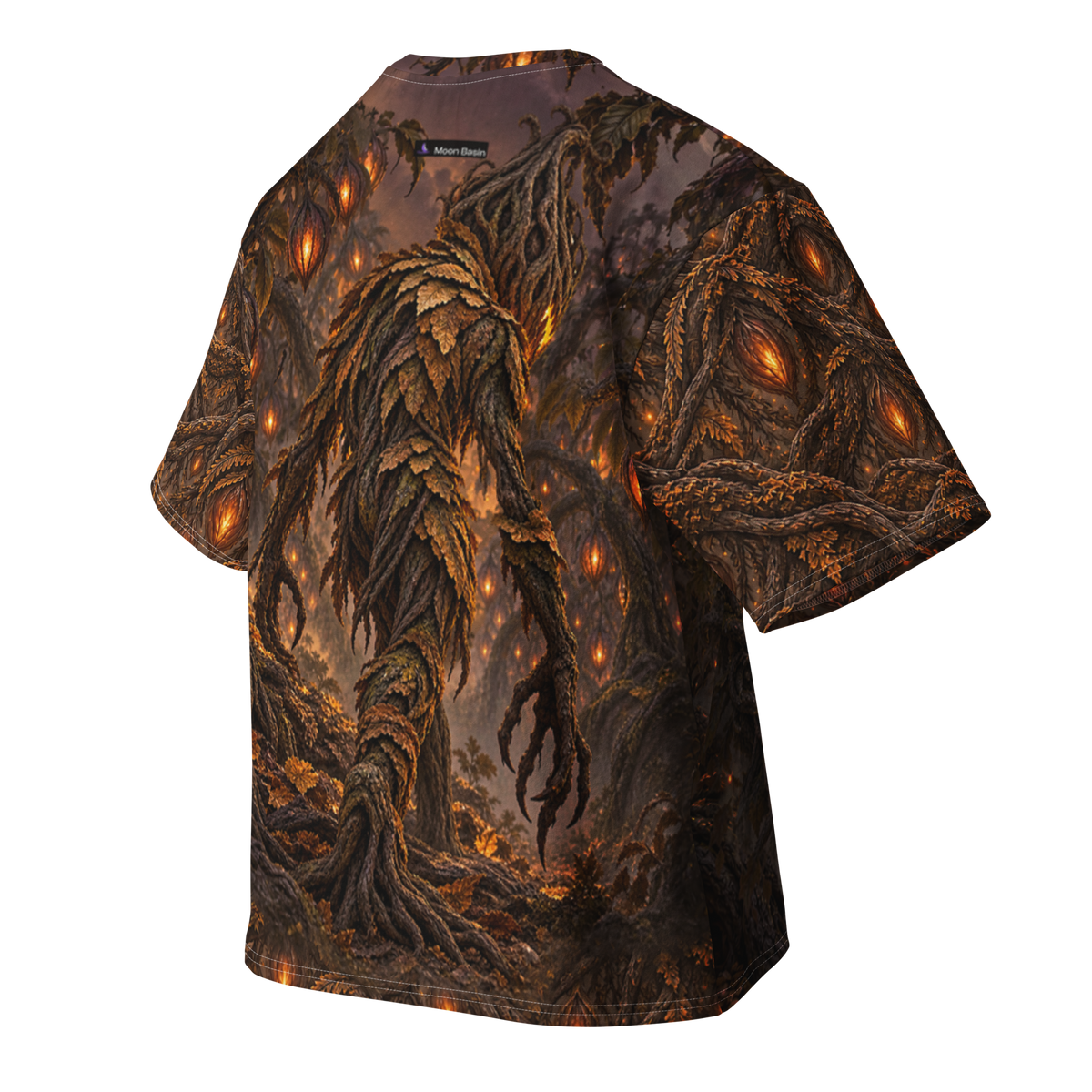 Grinning Harvest all-over print oversized tee, back with Moon Basin nape mark