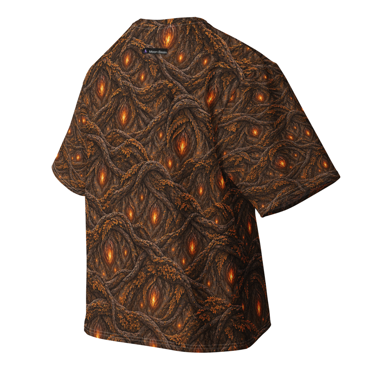 Grinning Harvest Terrain all-over print oversized tee, back with Moon Basin nape mark