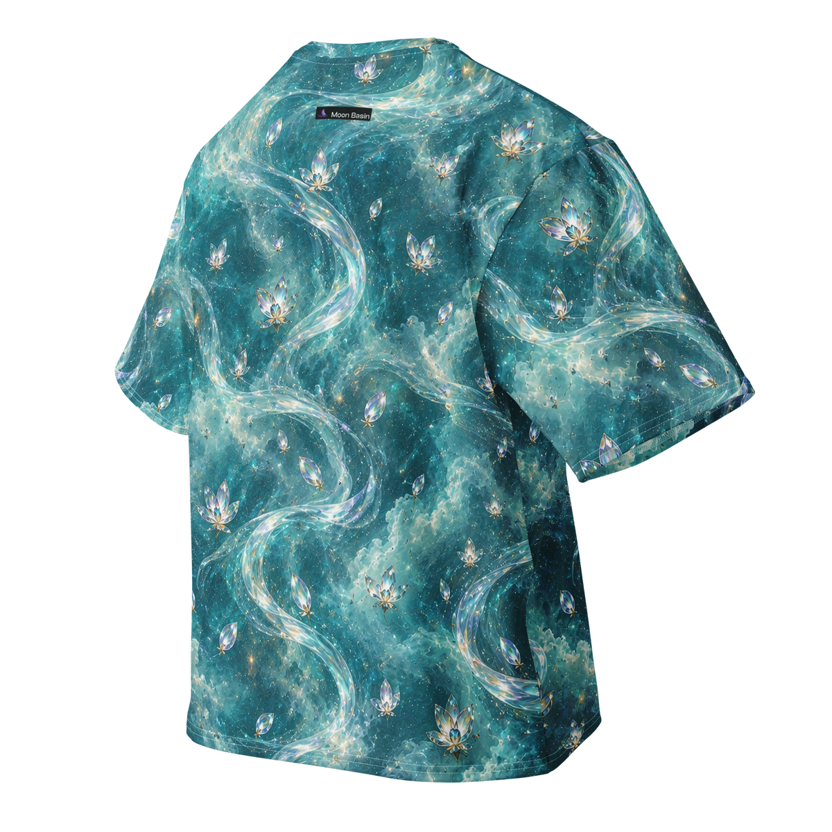 Prism Oracle Terrain all-over print oversized tee, back with Moon Basin nape mark