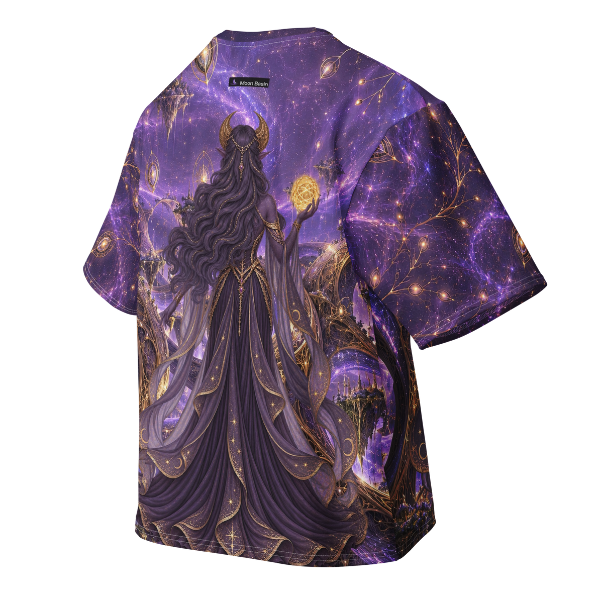Eclipse Weaver all-over print oversized tee, back with Moon Basin nape mark