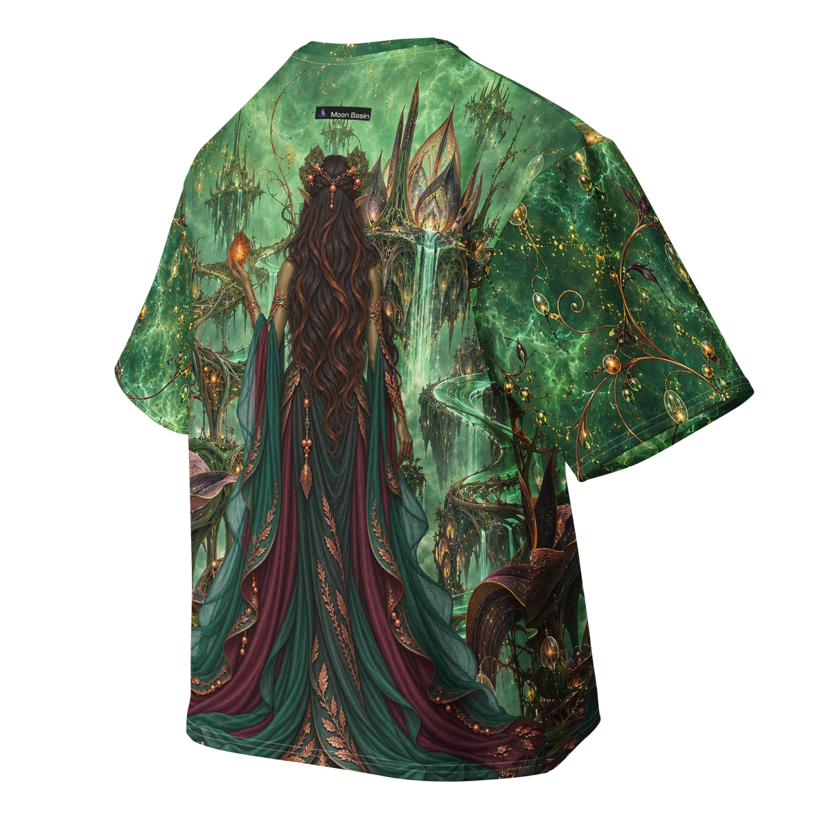 Serpent Bloom all-over print oversized tee, back with Moon Basin nape mark