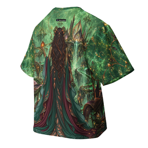 Serpent Bloom all-over print oversized tee, back with Moon Basin nape mark