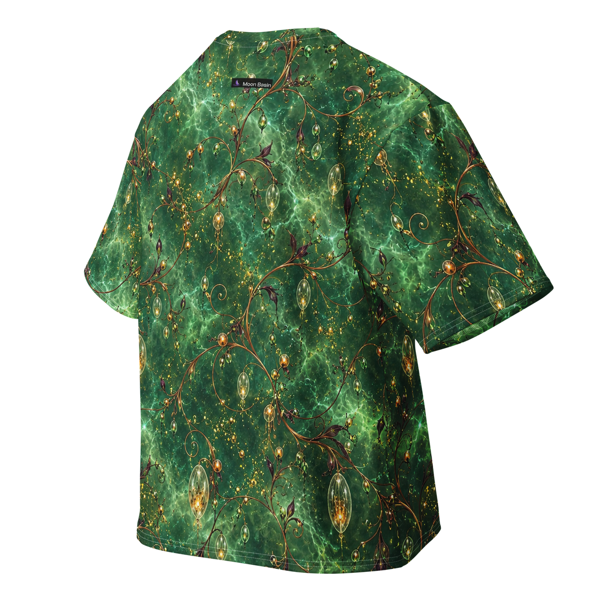 Serpent Bloom Terrain all-over print oversized tee, back with Moon Basin nape mark