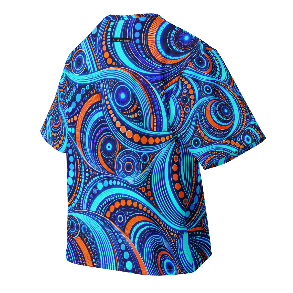 Cyan Overdrive Terrain all-over print oversized tee, back with Moon Basin nape mark