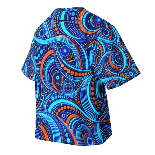 Cyan Overdrive Terrain all-over print oversized tee, back with Moon Basin nape mark