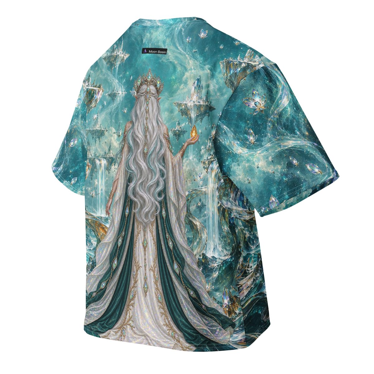 Prism Oracle all-over print oversized tee, back with Moon Basin nape mark