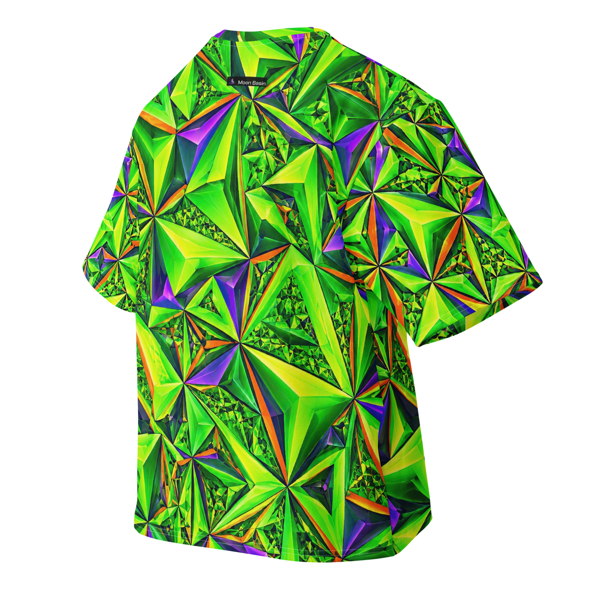 Acid Prism Terrain all-over print oversized tee, back with Moon Basin nape mark